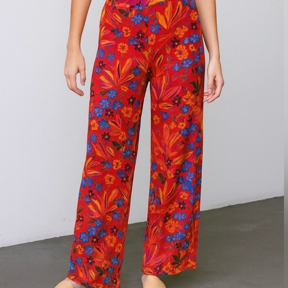 Maison d’Amelie Wide Leg Floral Linen Blend Pants w/ Beaded Belt size M - Picture 2 of 7